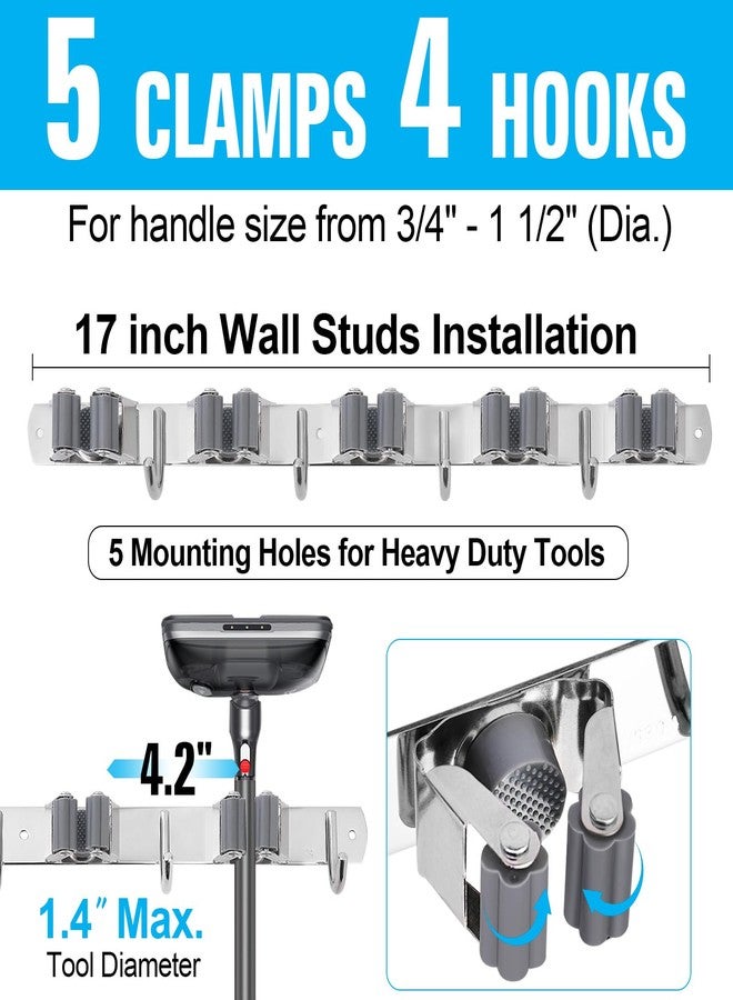 Tskcos Mop and Broom Holder Wall Mount Heavy Duty, Sturdy Stainless Steel Broom Cleaning Supplies Organizer, Metal Mop Broom Hanger Rack Wall Mounted 5 Racks 4 Hooks - Image 3